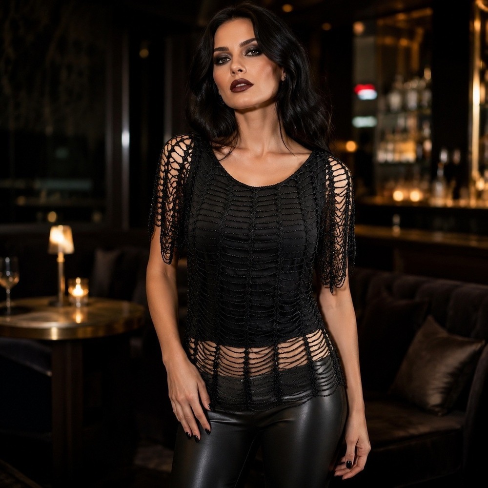 Black Beaded Crochet Spiderweb Tunic Top Goth Witchy Whimsigoth M